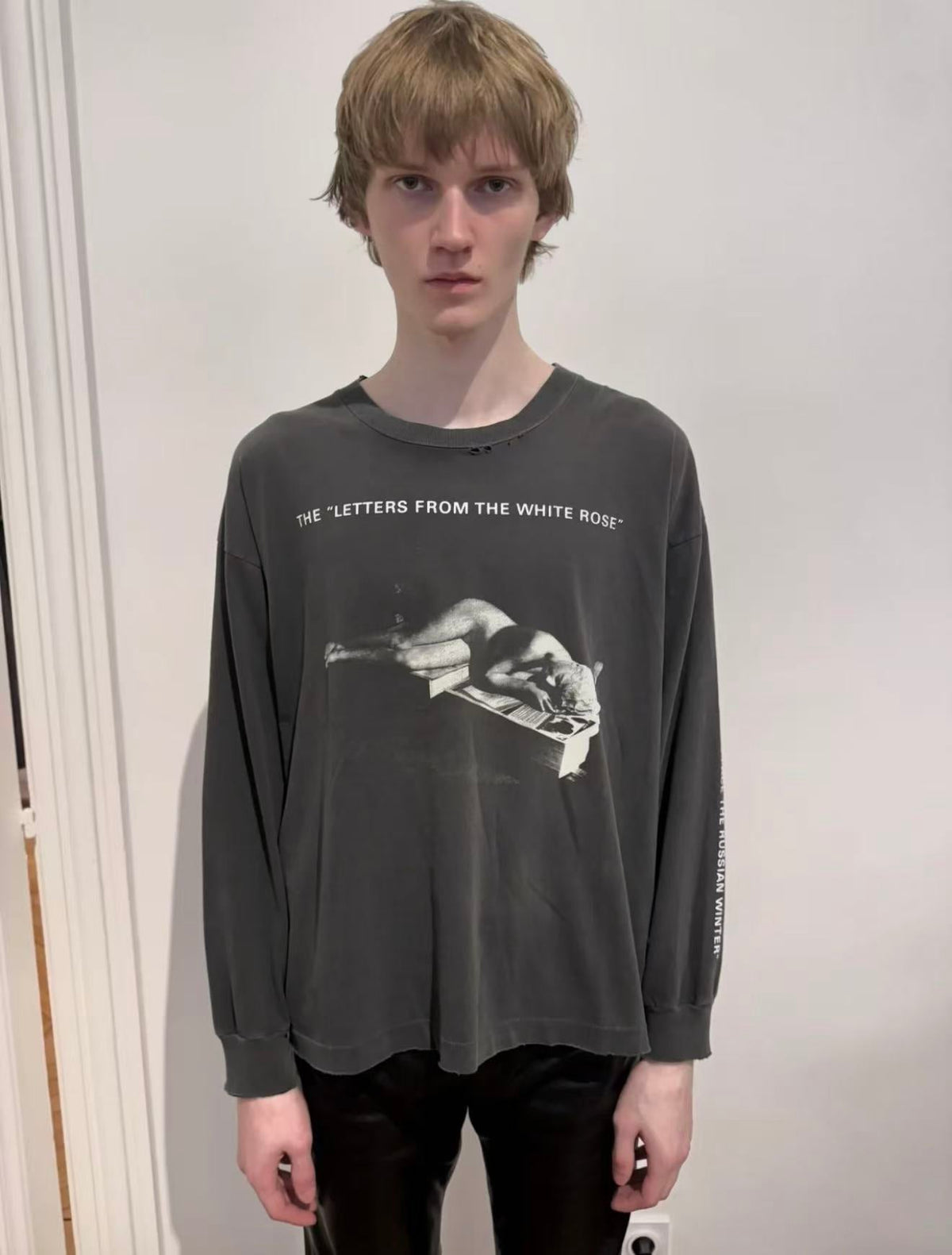 ERD Letters From The White Rose Raw‑Hem Long Sleeve Tee